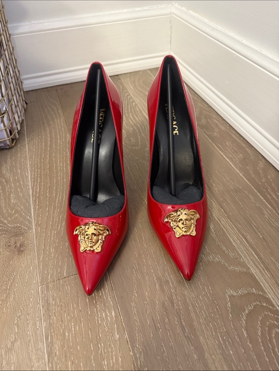 Versace Shoes - Versace Red Patent Pointed-Toe Pumps with Gold Medusa
